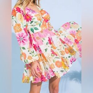 Flying Tomato brand. Size small, floral mini dress Spaghetti straps, long sleeve